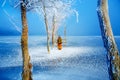 Woman on ice lake in beautiful ethno dress and beautiful frozen trees.