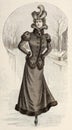 Woman Ice Skating Wearing Vintage Clothing. Antique Fashion Engraving