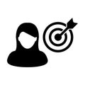 Woman icon vector target bullseye dartboard with user person avatar symbol for business development goals in glyph pictogram