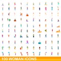 100 woman icons set, cartoon style