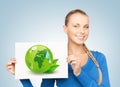 Woman with illustration of green eco globe Royalty Free Stock Photo