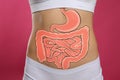 Woman with image of healthy digestive system on pink background