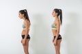 Woman with impaired posture position defect scoliosis and ideal bearing Royalty Free Stock Photo