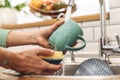 Woman indoors at home wash the dishes at the kitchen Royalty Free Stock Photo