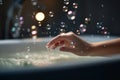 Blissful Soak: Woman Relaxing in a Bubble Bath with Floating Soap Bubbles