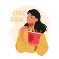 Woman Indulging In Chicken Nuggets, Female Character With Carton Bucket Full Of Fastfood Snack Displaying Enjoyment