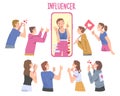 Woman Influencer as Social Media User with Numerous Audience and Subscribers Following and Listening Her Vector