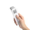 Woman with infrared thermometer on white background, closeup. Checking temperature during Covid-19 pandemic