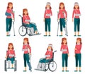 Woman with injury. Broken legs in plaster, arm and neck injuries. Sad female character in wheelchair, accident victim vector Royalty Free Stock Photo