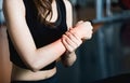 Woman injury pain arthritis arm after workout training exercise