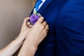 Woman inserting the boutonniere in buttonhole of man Royalty Free Stock Photo