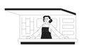 Woman inside food track monochromatic flat vector character