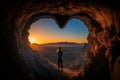 Woman inside a heart shaped cave in a beautiful sunrise