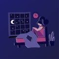 Woman with insomnia. Modern hand drawn flat concept with sad unhappy young woman sitting on a bed at Night. Sleepless girl. Vector