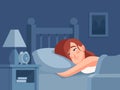 Woman with insomnia or nightmare lying in bed at night background. Sleepless person awake with tired sadness face