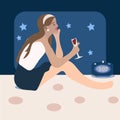 Woman with insomnia. Trying to drik a wine in room. Royalty Free Stock Photo