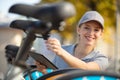 woman inspect rent bike sharing bicycle and ecology concept