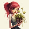 Fantasy Illustration: Green-haired Girl Embracing Nature