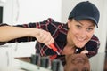 woman installing induction hobs in kitchen Royalty Free Stock Photo