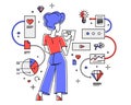 Woman intellectual worker making analysis of some data on pc or web, data systematization, collecting and analyzing information,