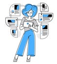 Woman intellectual worker making analysis of some data on pc or web, data systematization, collecting and analyzing information,