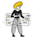 Woman intellectual worker making analysis of some data on pc or web, data systematization, collecting and analyzing information,