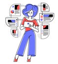 Woman intellectual worker making analysis of some data on pc or web, data systematization, collecting and analyzing information,