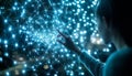 Woman Interacting With Glowing Network, Connecting to the Future, Technology Concept. Royalty Free Stock Photo