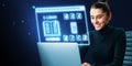 Woman interacts with digital e-library interface on laptop screen, glowing neon icons on dark background Royalty Free Stock Photo