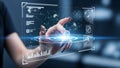 Woman interacts with futuristic holographic interface displaying complex data analysis and network connections for technology Royalty Free Stock Photo