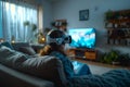 A woman interacts with the virtual world using a VR headset.