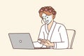 Woman internet troll and hater uses laptop sitting at home with mask on face and in curlers Royalty Free Stock Photo