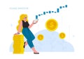 The woman invest in stock market, growth, income money, rising rate,profit, young generation.Modern vector illustration.
