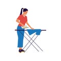 Woman ironing clothes. Female character doing household chores. Isolated standing maid with electrical iron and board Royalty Free Stock Photo