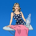 Woman Ironing Clothes. Girl Doing House Work. Pop Art