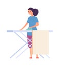 Woman ironing. Housewife doing housework. Flat female character with iron. Isolated cute woman vector illustration