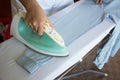 Woman ironing shirt on ironing board Royalty Free Stock Photo