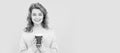 Woman isolated face portrait, banner with copy space. Morning inspiration. girl drinking tea. woman hold plastic cup