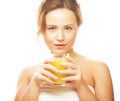 Woman isolated shot drinking orange juice Royalty Free Stock Photo