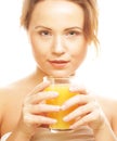 Woman isolated shot drinking orange juice Royalty Free Stock Photo