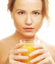 Woman isolated shot drinking orange juice Royalty Free Stock Photo