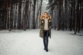 Woman in jacket on background of snowy trees for walk in winter forest Royalty Free Stock Photo