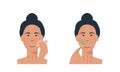 Woman with jade face roller and gua sha stone scraper. Facial yoga. A girl massaging her face. Acupuncture anti-aging