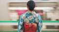 Woman, japan and train station, kimono and travel with public transport, metro bullet in city. Person, journey or Royalty Free Stock Photo