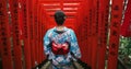 Woman, Japanese and temple or back for traditional culture for respect Tokyo travel, spirituality or history. Female