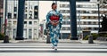 Woman, Japanese traditional clothes and walking in city, zebra crossing and travel with journey outdoor. Fashion