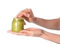 Woman with jar of hemp lotion Royalty Free Stock Photo