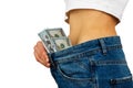 Woman in jeans with hundred dollars inside, isolated Royalty Free Stock Photo