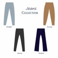 Woman jeans types set. Jeans collection