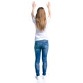 Woman in jeans and white t-shirt hands up
